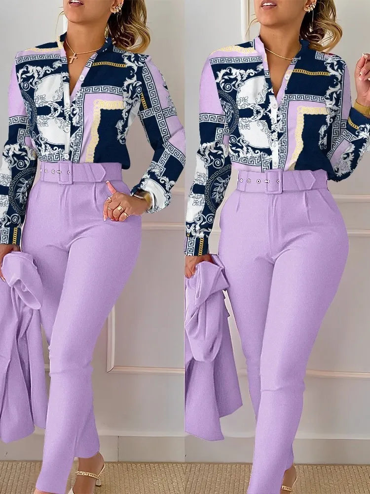 Elegant Women Spring Autumn Printed Two Piece Suit Sets V Neck Long Sleeve Shirt Top & Long Pants Set with Belt