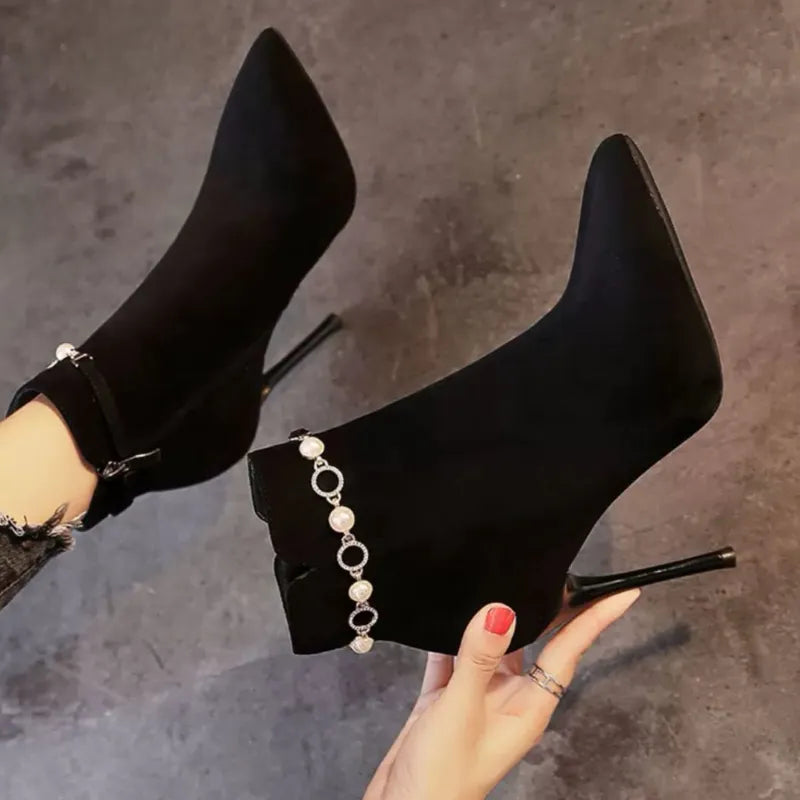 Women's Pointed Toe Sexy Ankle Boots Footwear Very High Heels Shoes for Woman Rhinestone Boots