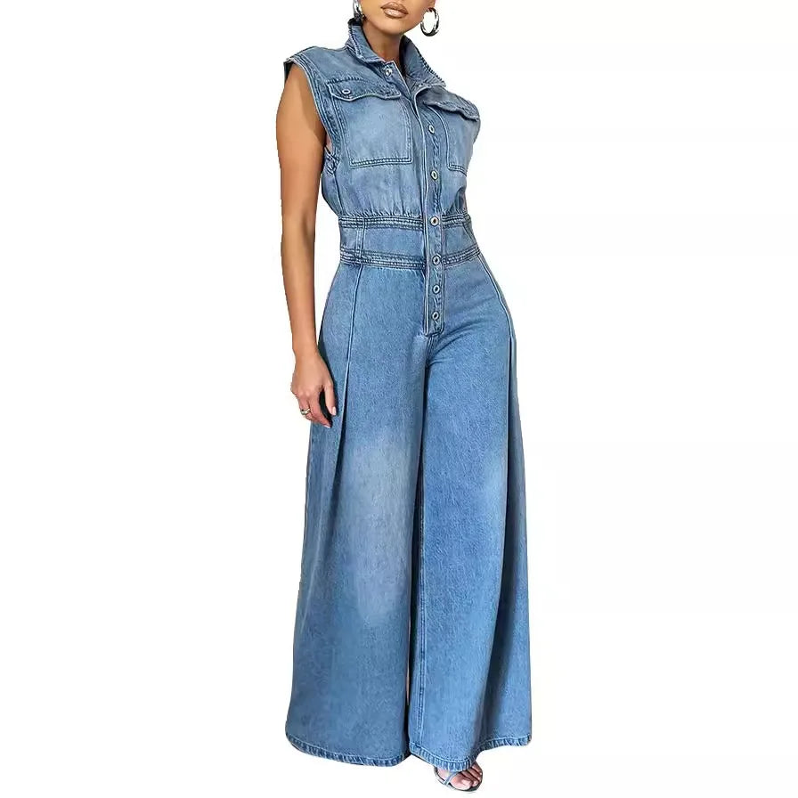 Women's One-Piece Denim Jeans Overalls Sleeveless High Waist Turn Down Collar Wide Leg Long Pants Rompers