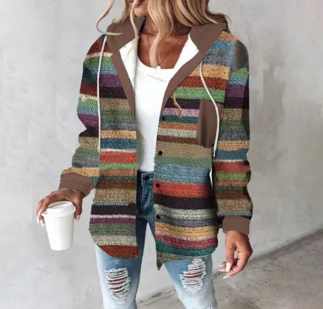Women's Autumn Large Plaid Style Hooded Jacket With  Casual Loose Black White Plaid Coat Button Fall Top