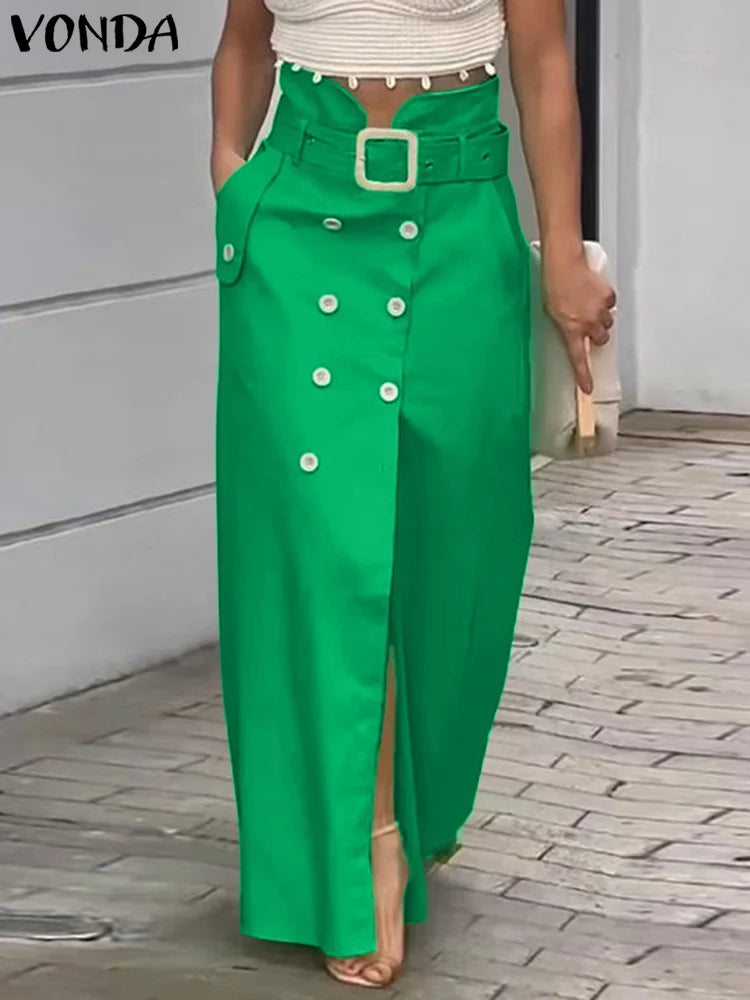 Women Elegant Casual Long Slit Skirts Waistband Button Design Solid Color Office Lady Bottoms Oversized