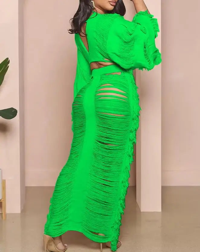Women's Two-Piece Outfits Sets Summer Fashion Hollow Out V-Neck Long Sleeve Crop Top & Sexy Plain Maxi Daily Skirt Set