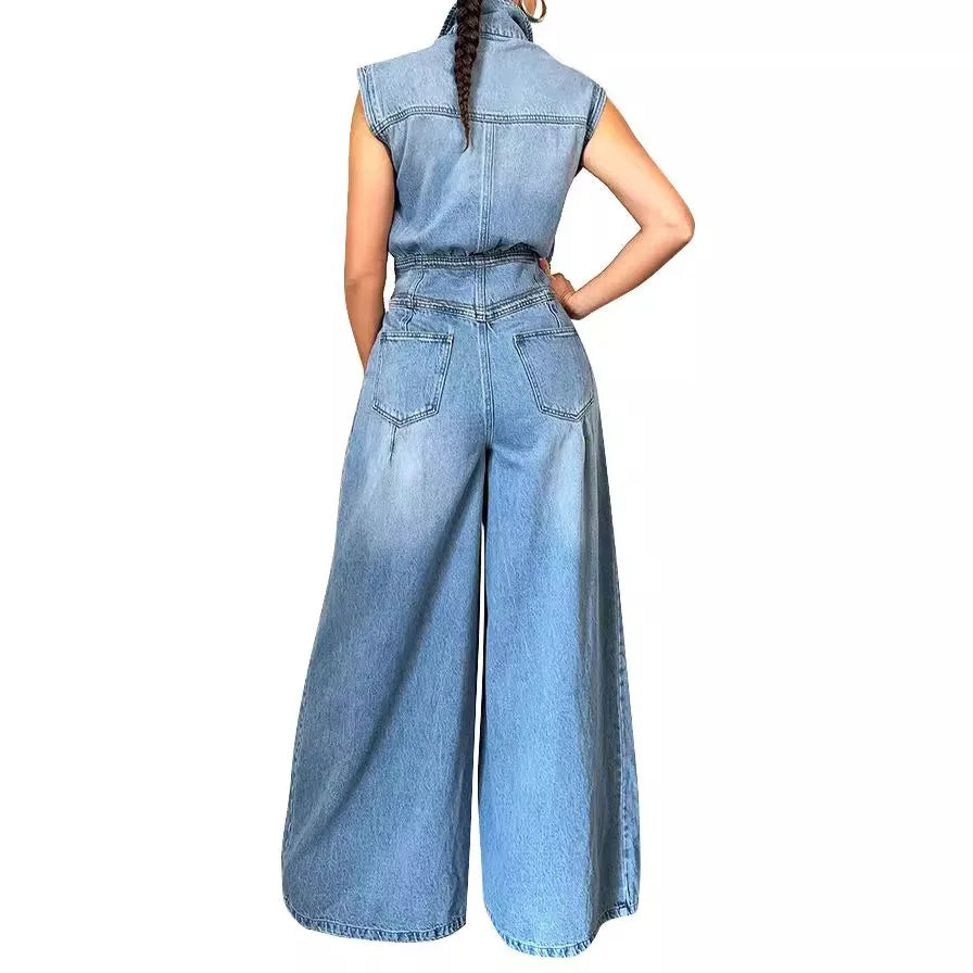 Women's One-Piece Denim Jeans Overalls Sleeveless High Waist Turn Down Collar Wide Leg Long Pants Rompers