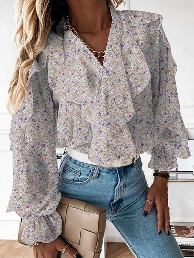 Women Elegant Ruffles Fashion Blouses V neck Tops Long Sleeve Flare Cuff Fashion Blouses