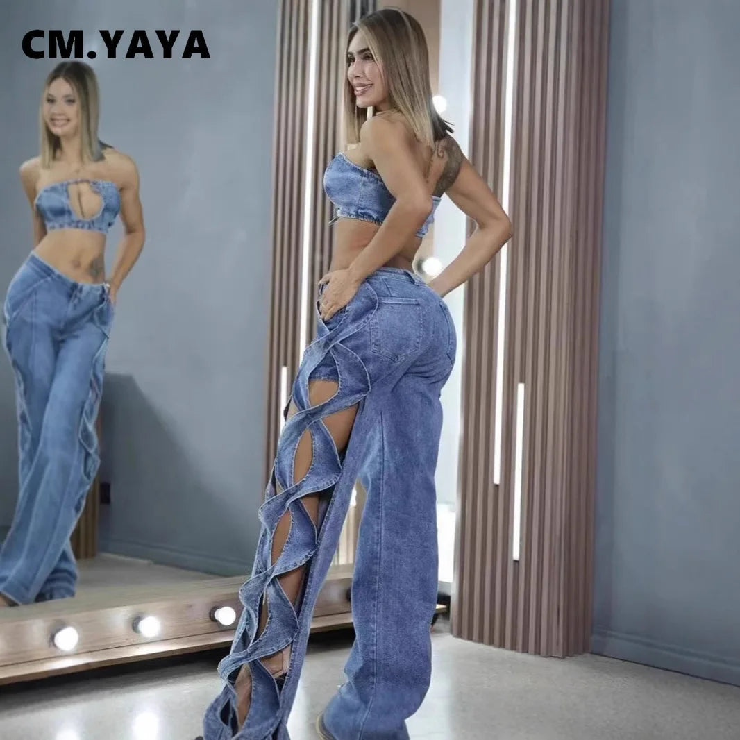 Women's Streetwear Cutout Hollow Out Criss Cross Side Wide Leg Blue Denim Jeans Trousers