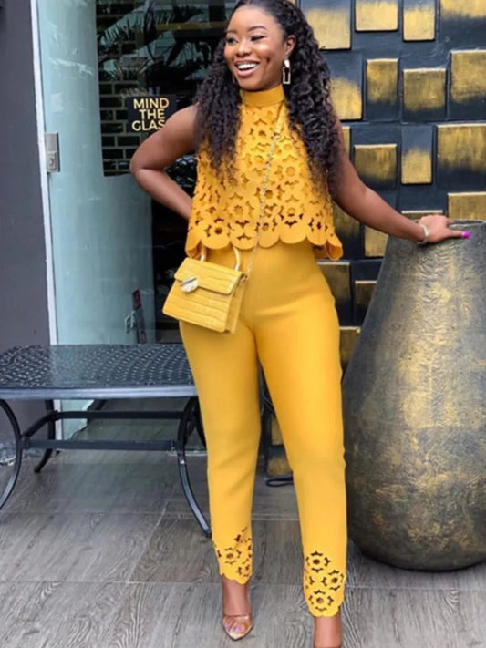 Women's Spring Summer Fashion Suits Hollowood Sleeveless O Neck Women's Simple Slim Suit Pants Elegant Office Female 2 Piece Set