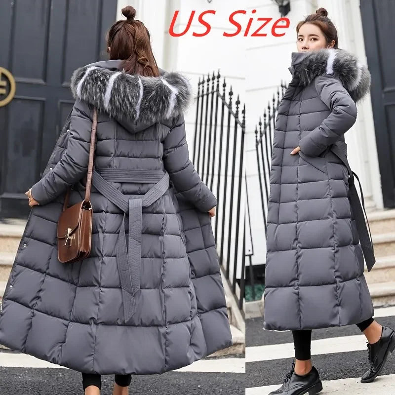 Women's Winter Jacket Warm Fashion Comfortable Bow Belt Fox Fur Collar Clothes Long Thick Coats
