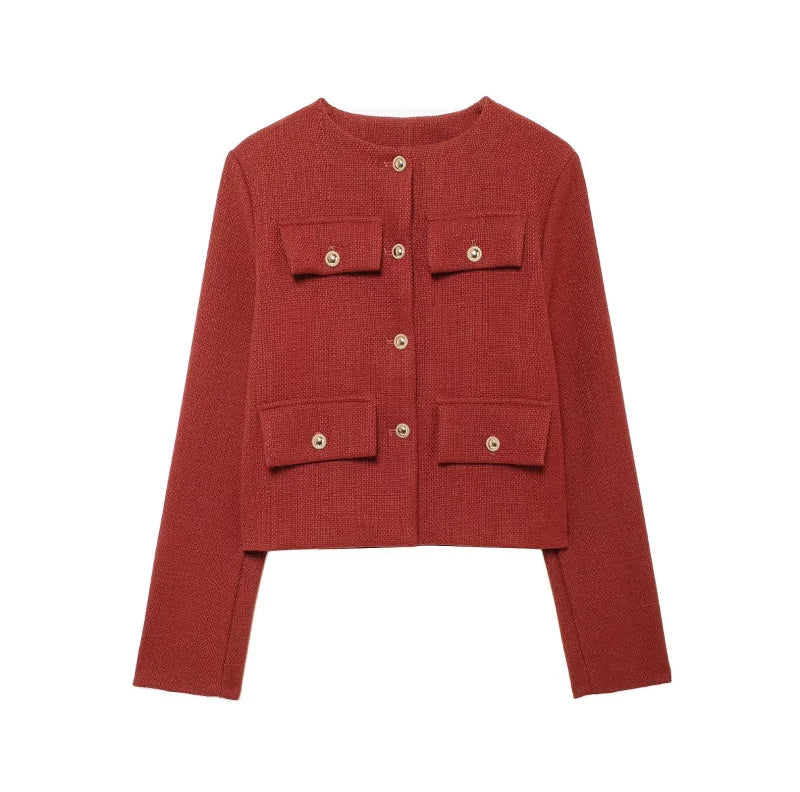Women's Autumn/Winter Vintage Jackets crew neck gold button flip pocket embellishment short coat