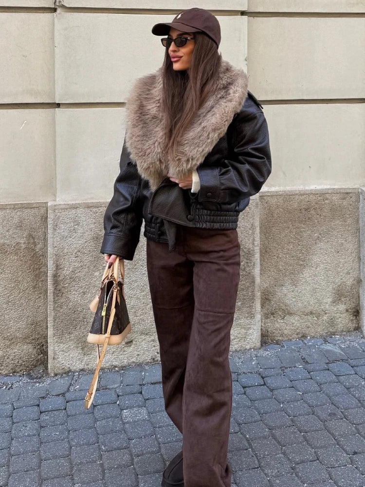 HH Vintage Women Faux Fur Patchwork Leather Jackets Fashion Female Detachable Fur Collar Double Breasted Winter Warm Street Coat