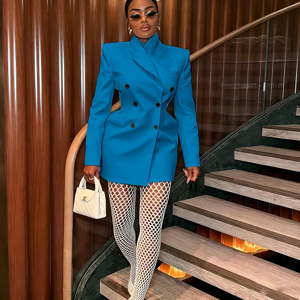 Women's Elegant White Oversized Jacket Double Breasted Blazer Dress Elegant Formal Long 1 Piece Suit for Evening Party