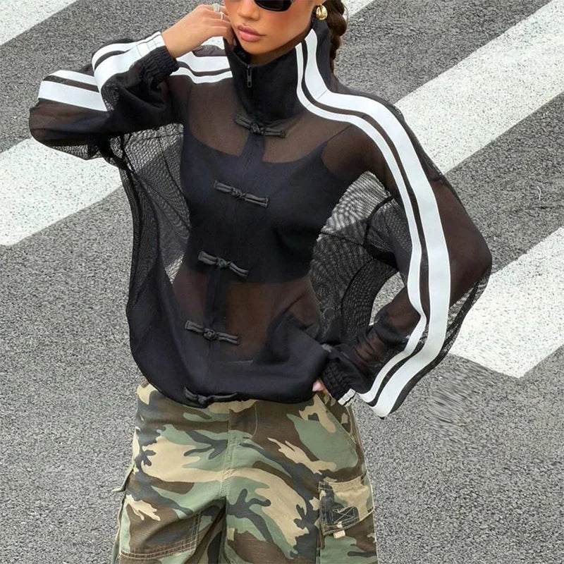 Women's Y2K Streetwear Style Sheer Mesh Jacket Stand Collar Long Sleeve Loose Side Stripe Frog Button Jacket