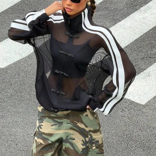 Women's Y2K Streetwear Style Sheer Mesh Jacket Stand Collar Long Sleeve Loose Side Stripe Frog Button Jacket
