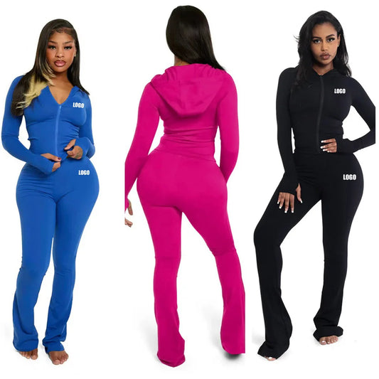 Customized LOGO European and American women's clothing new fashion casual hooded cardigan trousers two-piece set