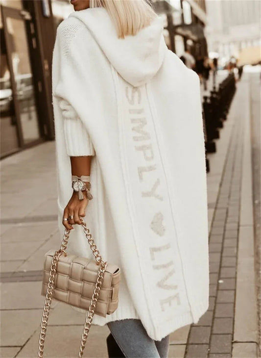 Women Autumn Long Hooded Cardigan Sweater Solid Color Back Alphabet Jumpers Warm Woven Tops