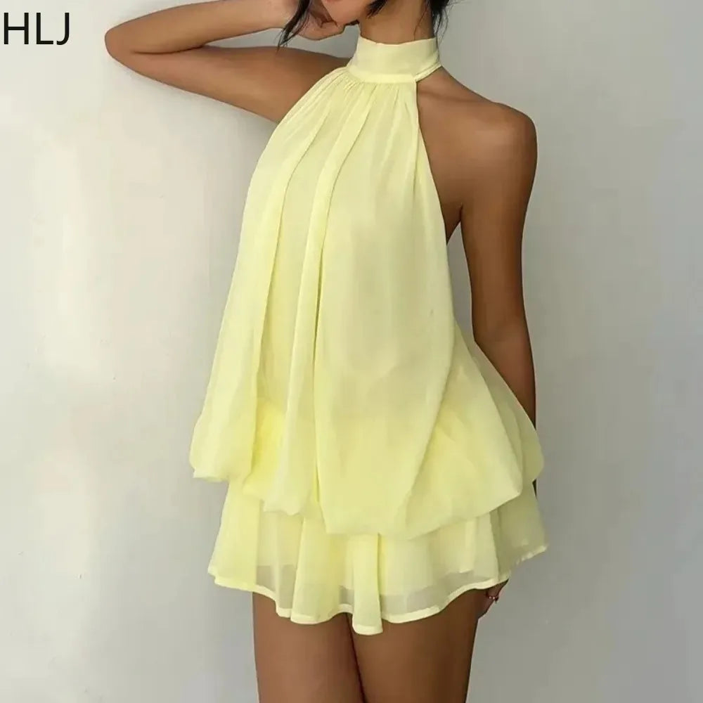 Women's Casual Halter Neck Bodycon Mini Dress for Women Mesh Sleeveless Backless Ruffle Patchwork Dresses Summer Beach  New
