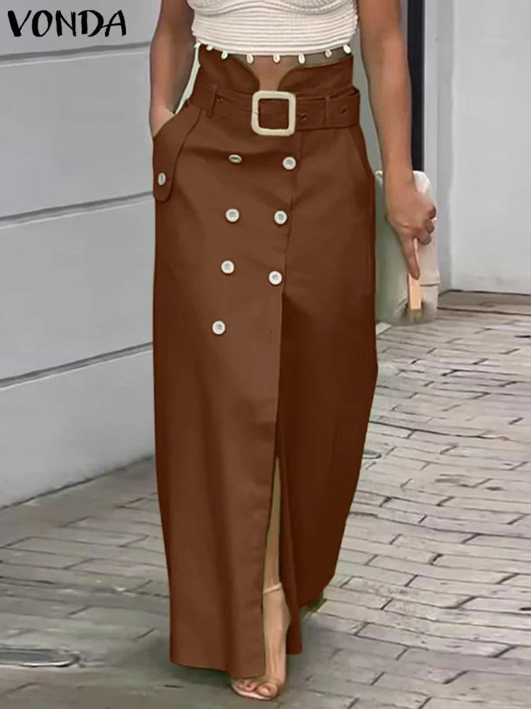 Women Elegant Casual Long Slit Skirts Waistband Button Design Solid Color Office Lady Bottoms Oversized