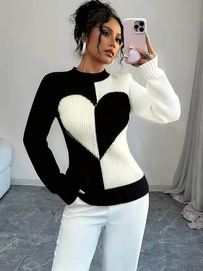 Women's Color-Block Heart Pattern Knitted Pullover for Autumn and Winter, Round Neck, Long-Sleeve, Casual and Versatile