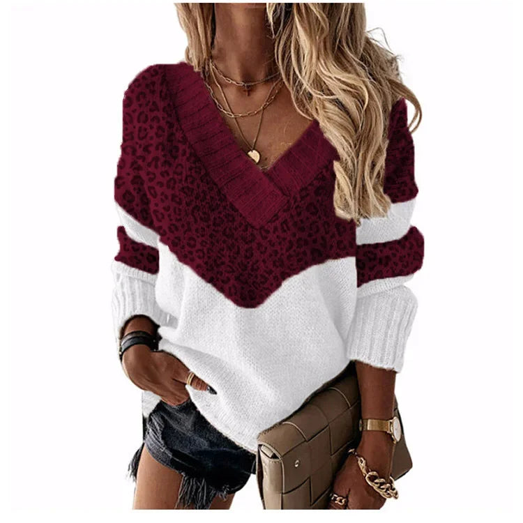 Women's Knitted V-neck Sweaters Stitching Contrast Color Long-Sleeved Knitting Top Pullover Autumn Winter Warm Female Jumper