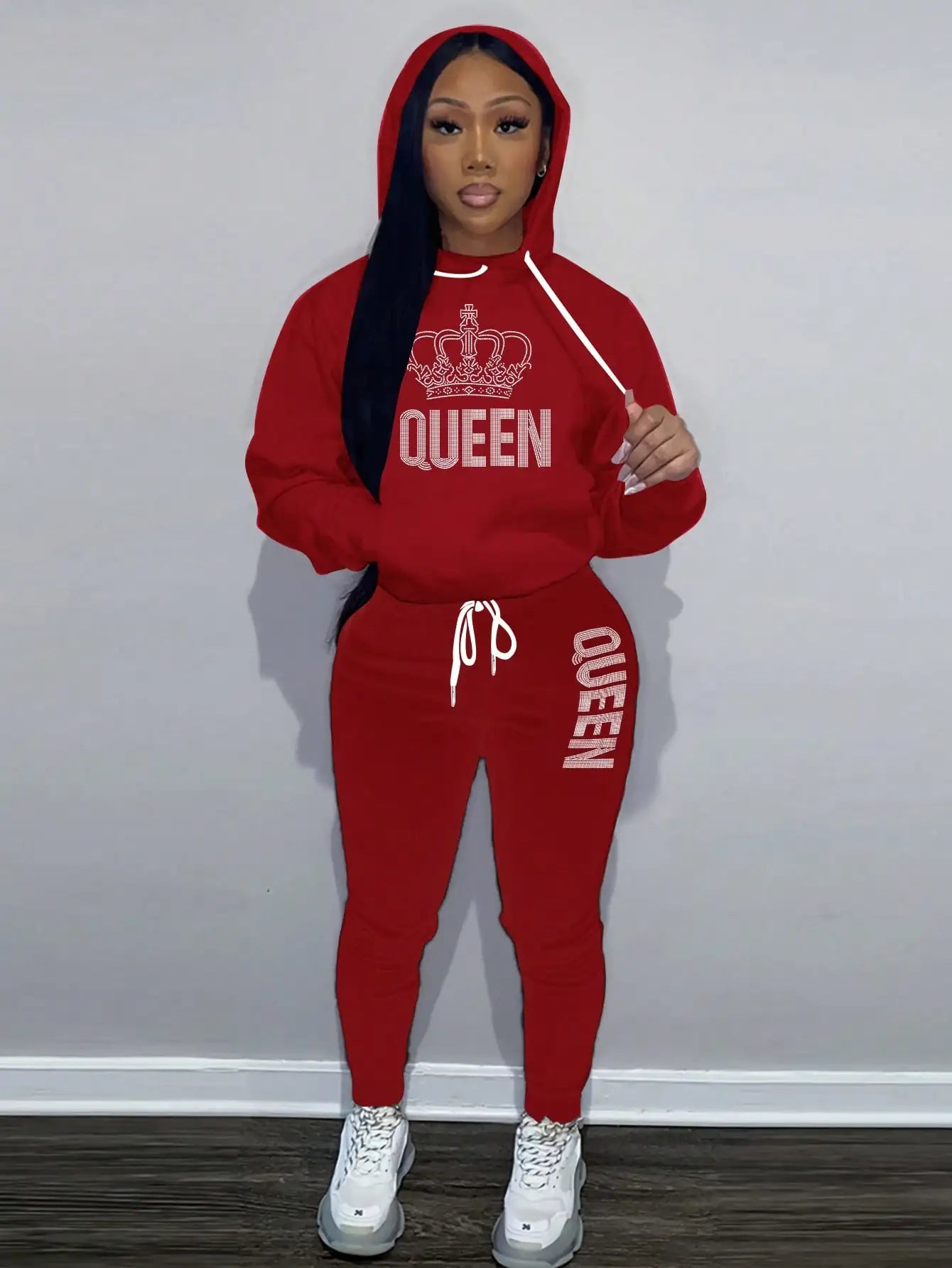 Queen's Big Crown Printed Hoodie Sets for women Street Hip Hop Clothing Casual Female 2pcs Clothing Plush sweatshirt Y2K Youthful