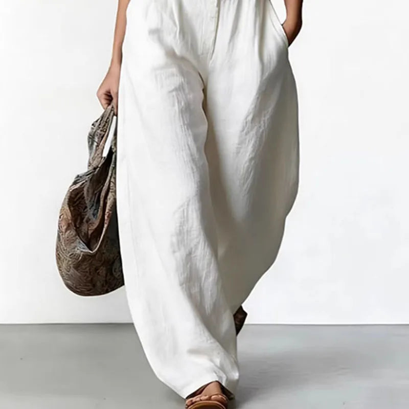 Women's Spring Casual Rompers Pocket Wide Leg Jumpsuit V Neck Button Summer Sleeveless Vacation Beach Overalls