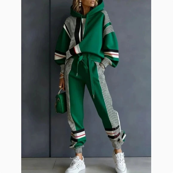 Women's Two-Piece Sport Winter Loose Fit Fashion Pant Sets Plus Size Pant Sets American Stripe Round Neck Sweatshirt and Pants Set