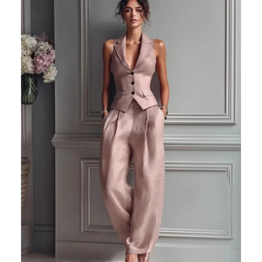 Women's Summer New Fashion Single-breasted Sleeveless Top + Trousers 2-piece Set Women's 2026 Slim Vest Suit Collar Trousers Office Suit