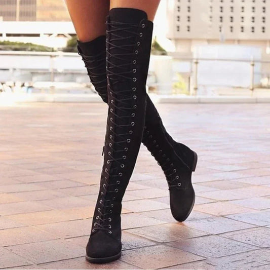 Women's six colors Casual Low Heels Boots Flock Winter Over Knee Boots Lace Up boots