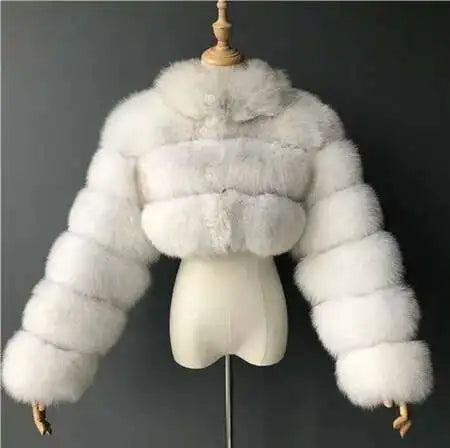 DEAT Fashion Women's Faux Fur Coats Neck Long Sleeve Zipper Short Solid Color Thick Warm Jackets Winter 2024 New 7AB6434