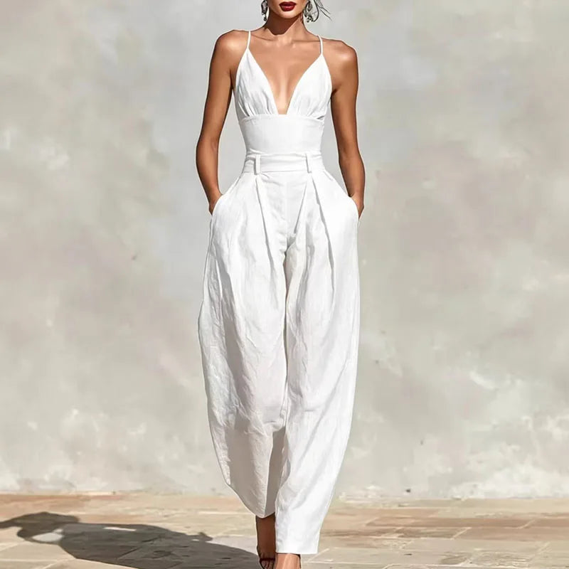 Women's 2026 Solid Sleeveless Jumpsuit Spaghetti Strap V Neck High Waist Loose Leg Overalls Holiday Backless With Pockets Jumpsuit