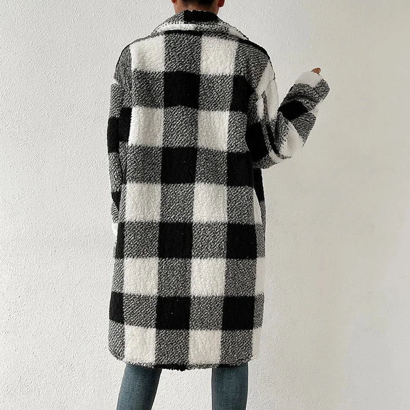 Women Elegant Autumn Winter Wool Blends Splice Plaid Coat