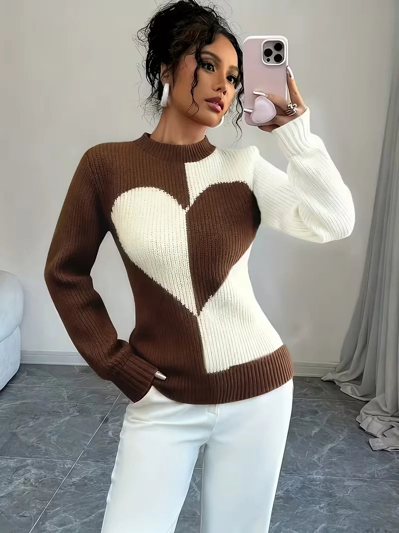 Women's Color-Block Heart Pattern Knitted Pullover for Autumn and Winter, Round Neck, Long-Sleeve, Casual and Versatile