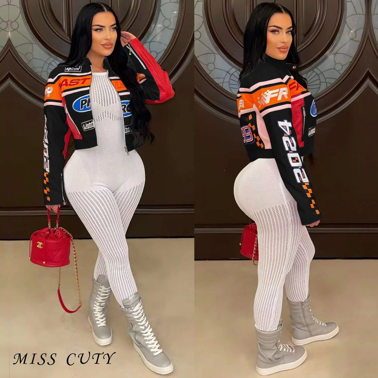 Women's Printed Cyber Racer Jackets Fashion Baseball Coats Y2K Streetwear Winter Fall Clothing Graphic Top Jackets Crop Coats