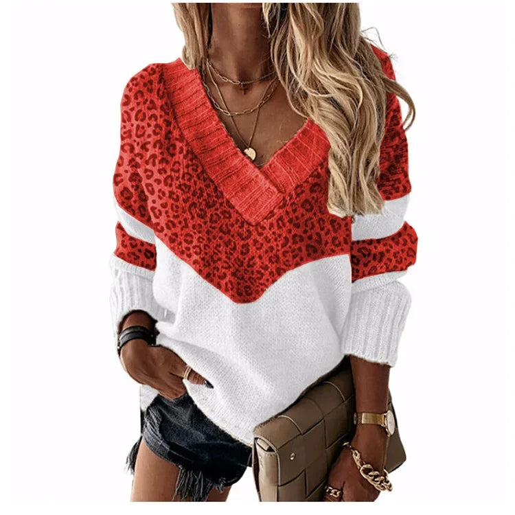 Women's Knitted V-neck Sweaters Stitching Contrast Color Long-Sleeved Knitting Top Pullover Autumn Winter Warm Female Jumper