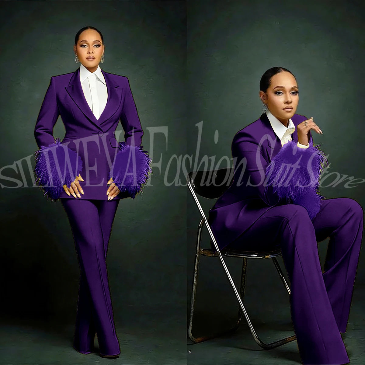 Women's  Luxury Feather Applique Single Breasted 2 Piece Suits
