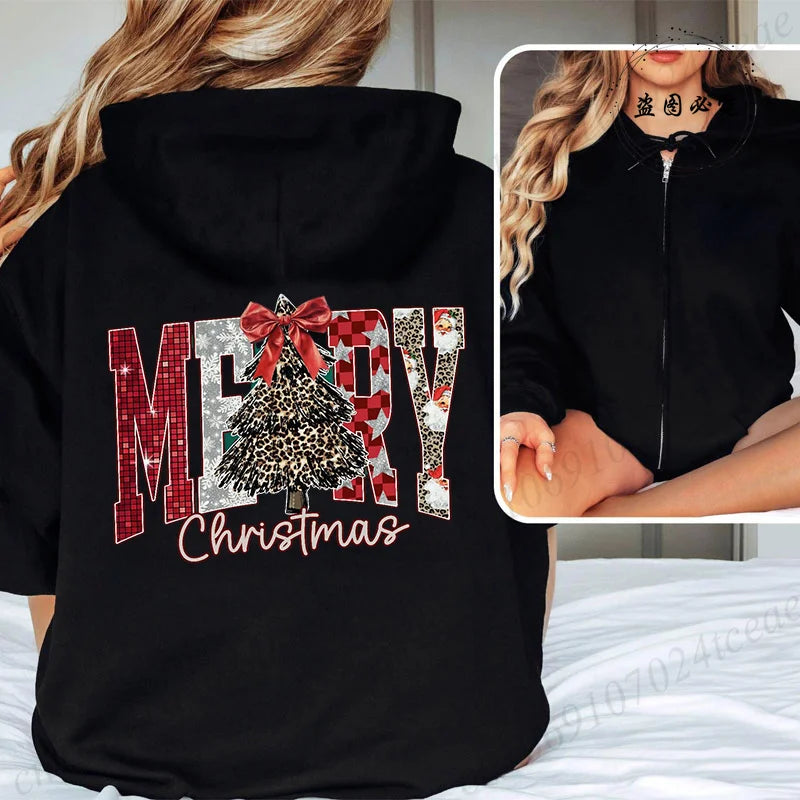 Women Men Oversize Merry Christmas Reindeer Print Zipper Hoodies Coat Tops Femme Zip Sweatshirts Christmas Party Jackets