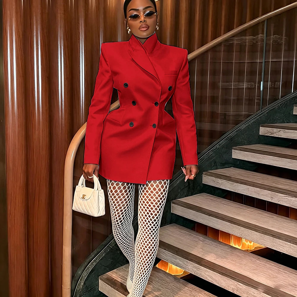 Women's Elegant White Oversized Jacket Double Breasted Blazer Dress Elegant Formal Long 1 Piece Suit for Evening Party
