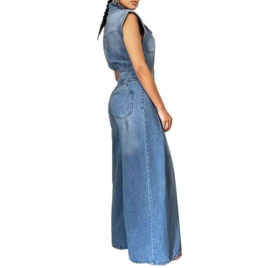 Women's One-Piece Denim Jeans Overalls Sleeveless High Waist Turn Down Collar Wide Leg Long Pants Rompers