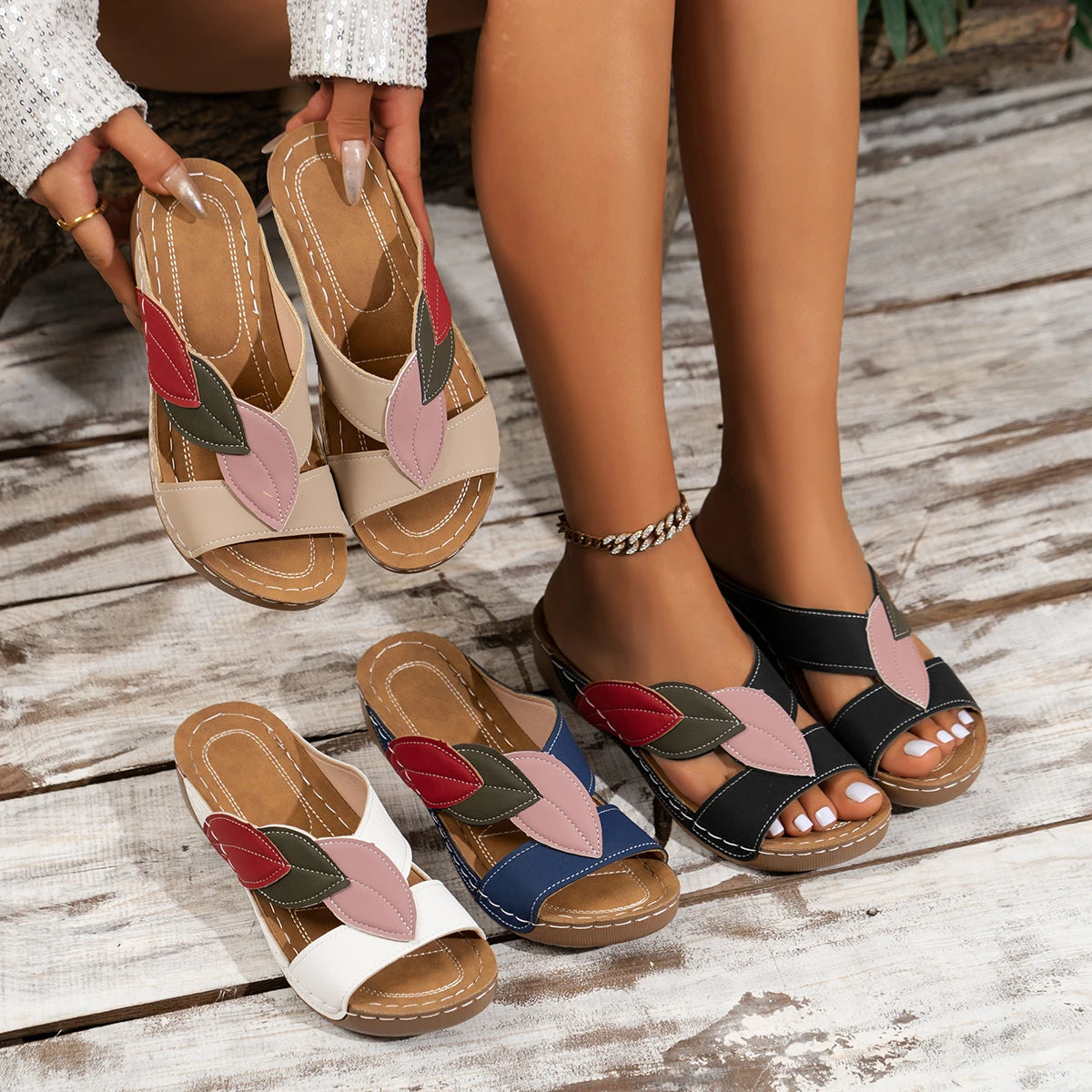 Women's Summer Soft Leather Soled Sandals for Summer Lightweight Comfortable Non-Slip Flat Bottomed Slippers Sandalias De Mujer