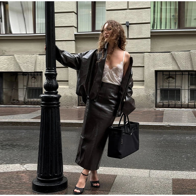 Women's Vintage Green Leather Jacket Skirt Set Full Sleeve Zipper Locomotive Coat Hip Package Long Skirts Autumn Outfits