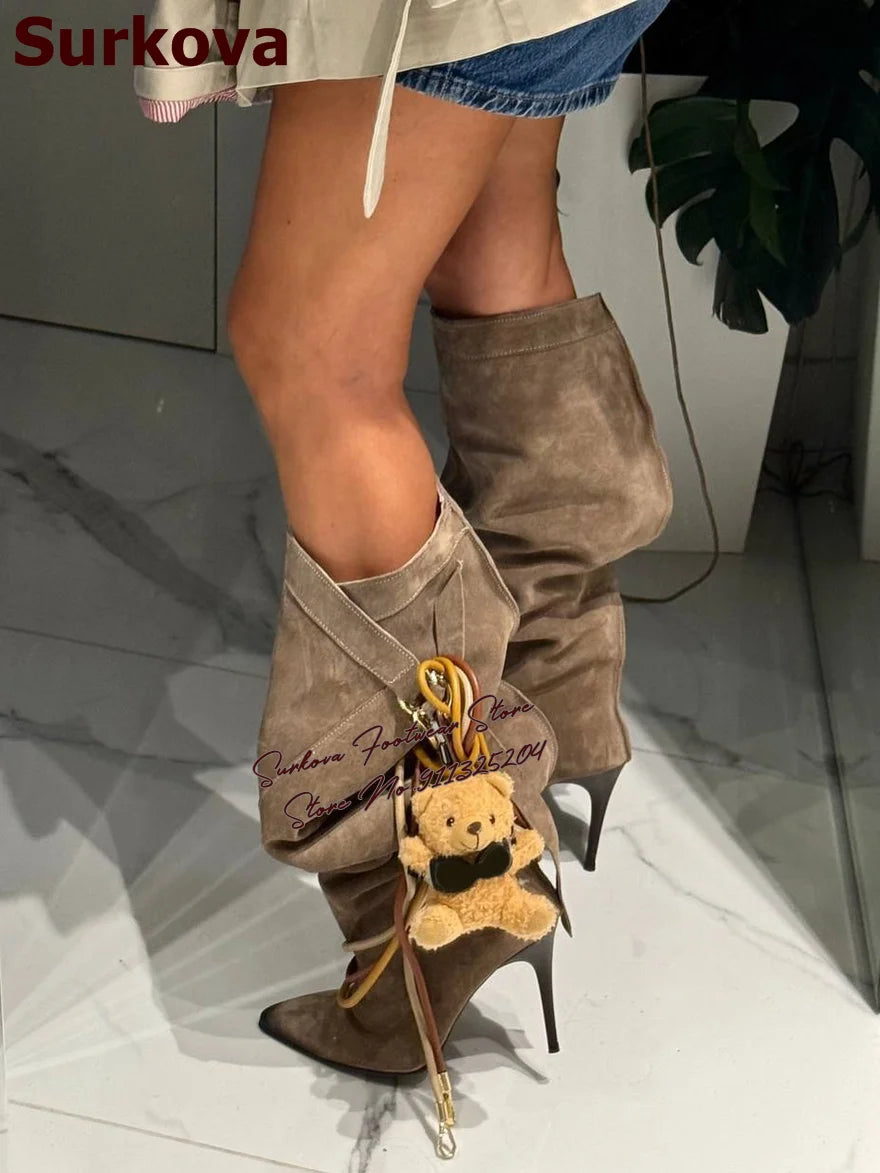 Womens Coffee Brown Suede Slouchy Knee High Boots Band Metal Ring Buckles Folded Boots Black Stiletto Heels Pointed Toe Shoes