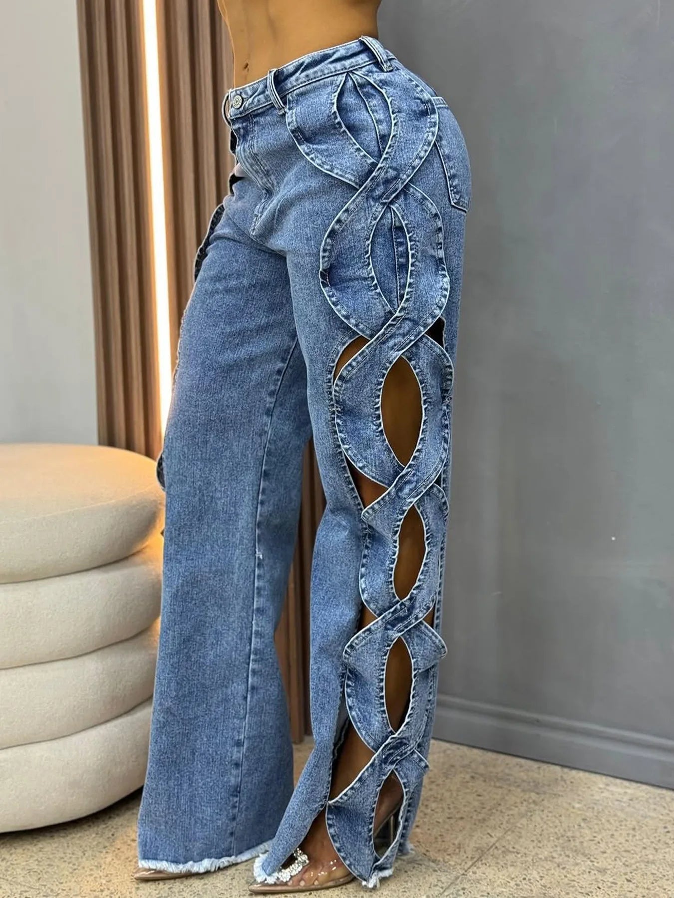 Women's Streetwear Cutout Hollow Out Criss Cross Side Wide Leg Blue Denim Jeans Trousers