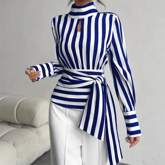 Women's Fashion Trendy  Black White Contrast Striped Shirt Autumn New Retro Scarf Collar Long-sleeved Elegant Female Pullover Shirt