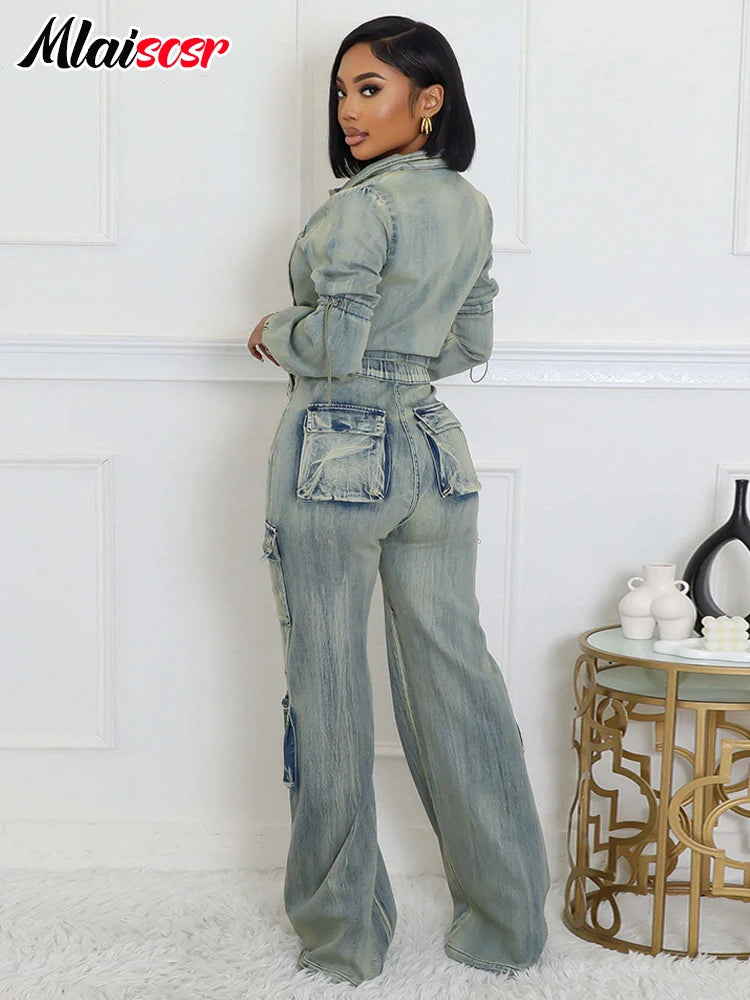Women's Vintage Stretch Denim 2 Piece Pants Sets Zip Jackets and Pocket Cargo Jeans Outfit Streetwear Winter Suits