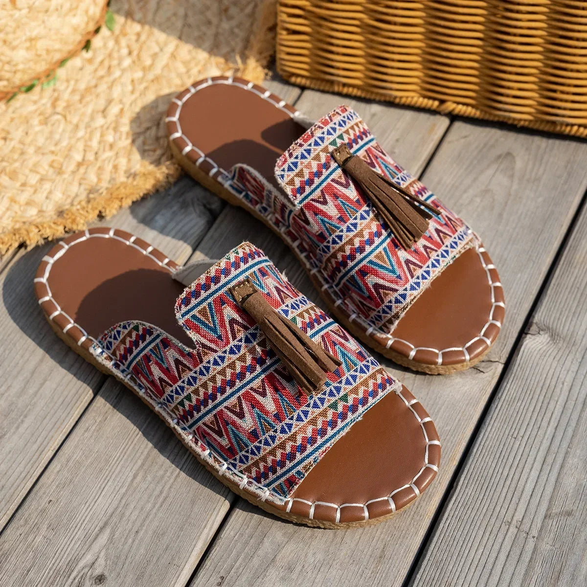 Women's Bohemian Beach Sandals Flat Bottom Slippers Outdoor Summer New Tassel Large Size Cross-Border Slippers for Adults