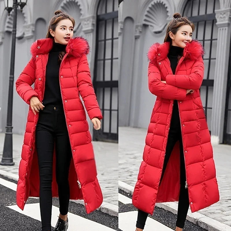 Women's Winter Jacket Warm Fashion Comfortable Bow Belt Fox Fur Collar Clothes Long Thick Coats