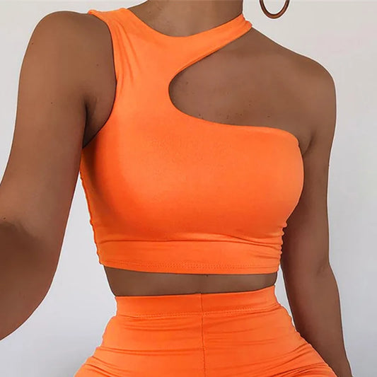 Women's Off One Shoulder Irregular Hollow Out Sport Tank Top Halter Crop Tops Sleeveless Cropped Vest Camis Tube Top Female