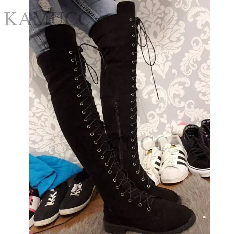 Women's six colors Casual Low Heels Boots Flock Winter Over Knee Boots Lace Up boots