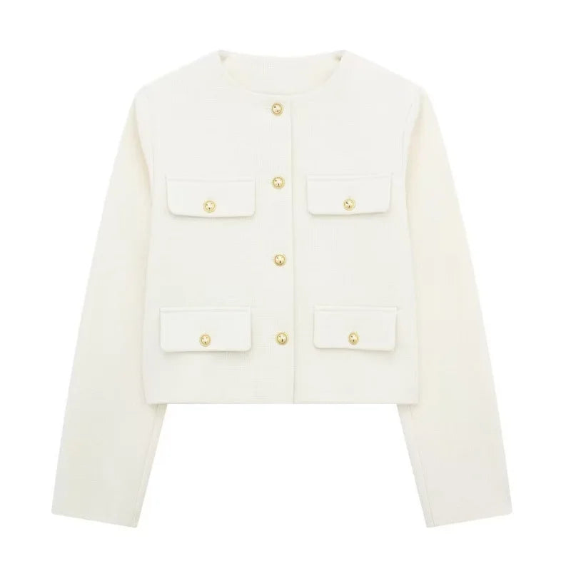 Women's Autumn/Winter Vintage Jackets crew neck gold button flip pocket embellishment short coat