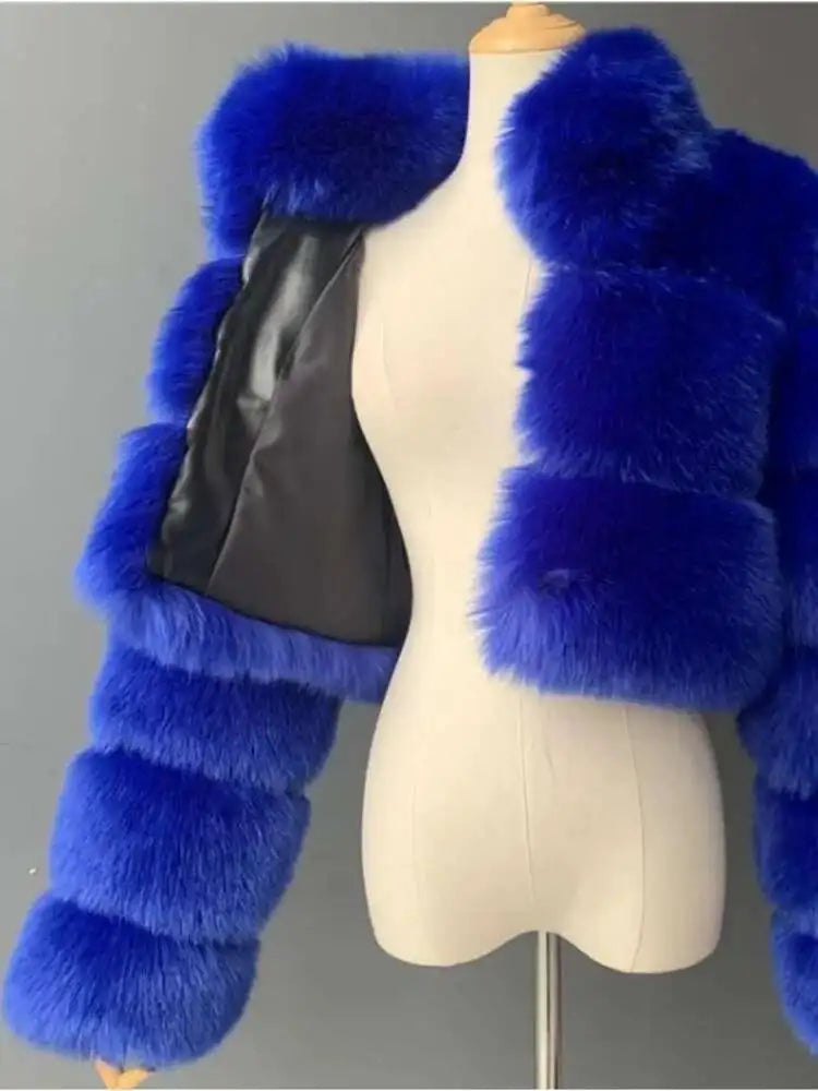 DEAT Fashion Women's Faux Fur Coats Neck Long Sleeve Zipper Short Solid Color Thick Warm Jackets Winter 2024 New 7AB6434