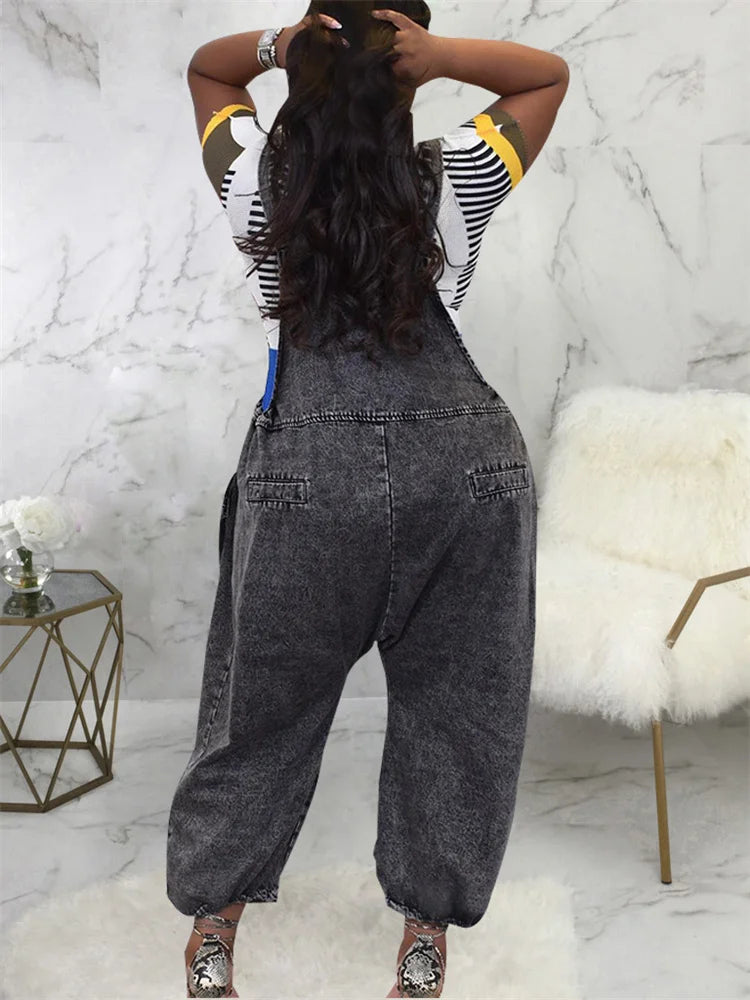 Women's Denim Jumpsuits Cargo Pockets One Piece Outfits Wide Leg Streetwear Romper